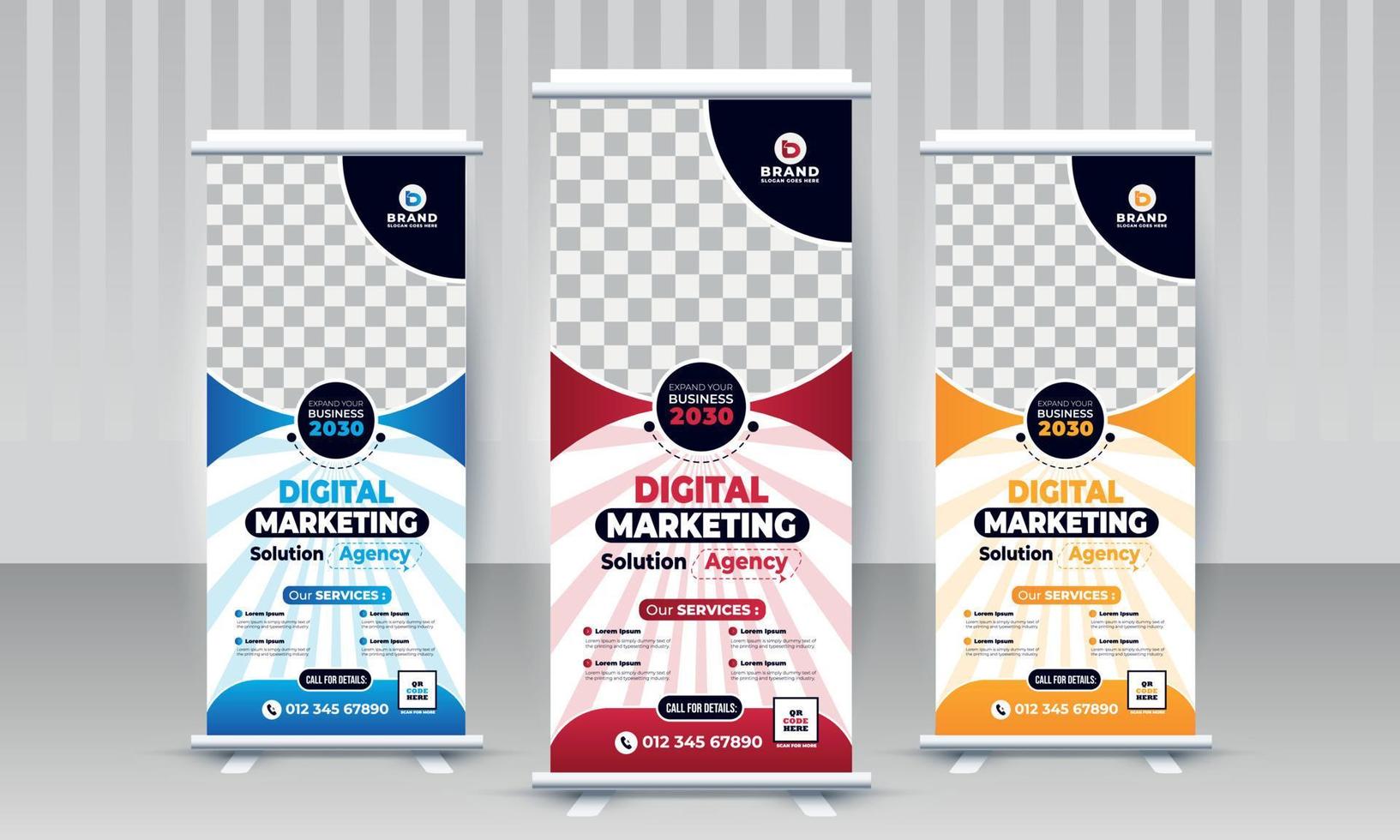 moderno creativo aziendale digitale marketing attività commerciale standee X rollup pullup segnaletica retrattile bandiera design tre colore variante rosso blu arancia vettore modello