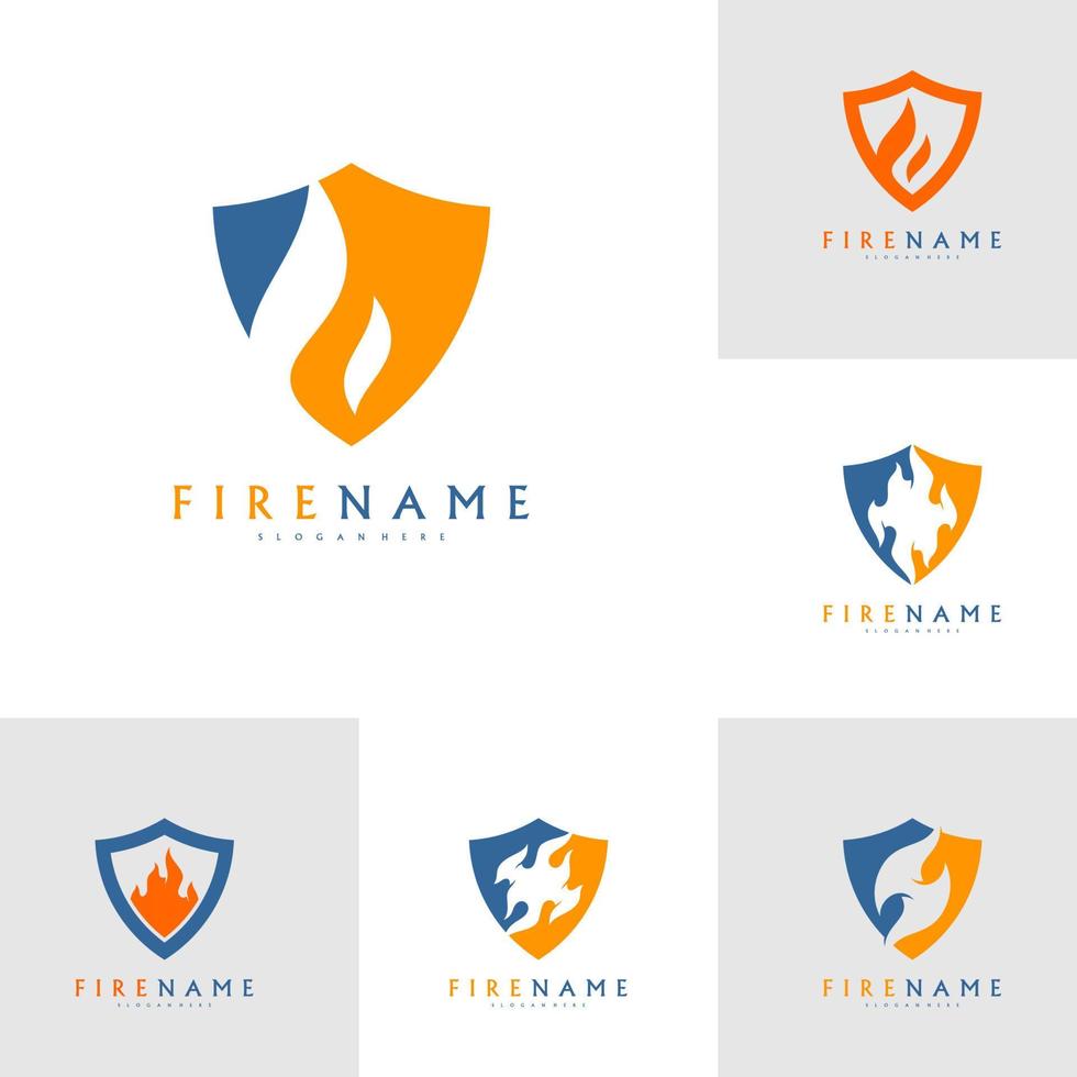 impostato di fuoco scudo logo design elemento. fuoco avvertimento cartello scudo. fuoco vettore illustrazione