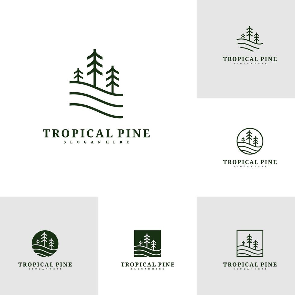 set di modello vettoriale di progettazione del logo dell'albero di pino, illustrazione di concetti del logo della foresta tropicale.