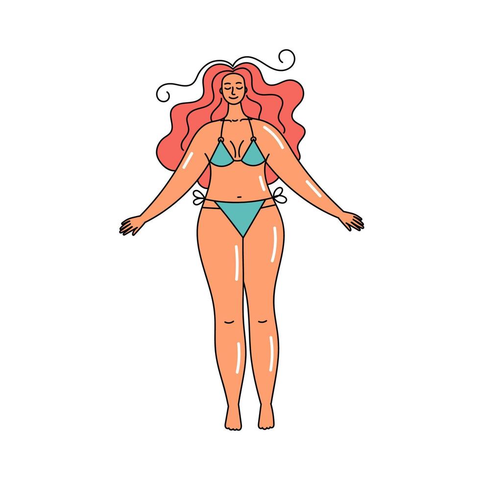 ragazza nel un' costume da bagno, estate spiaggia vacanza. donna a il mare. corpo positività e amore per se stessi. bellissimo le persone. scarabocchio stile illustrazione vettore