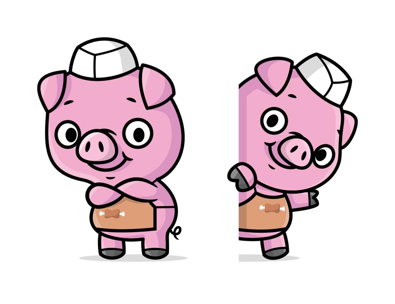 carino maiale è indossare macellaio cappello e grembiule cartone animato portafortuna design nel Due diverso si sposta. vettore