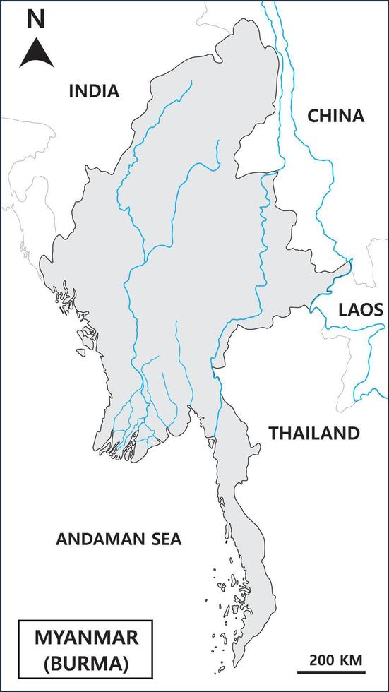 carta geografica di Myanmar o birmania con annoiato Paesi. Tailandia, Laos, Vietnam, e Cina. vettore