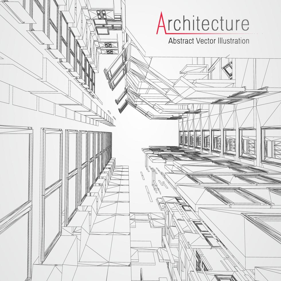 architettura linea sfondo. edificio costruzione schizzo vettore astratto. moderno città 3d progetto. tecnologia geometrico griglia. filo planimetria Casa. digitale architetto innovazione wireframe.