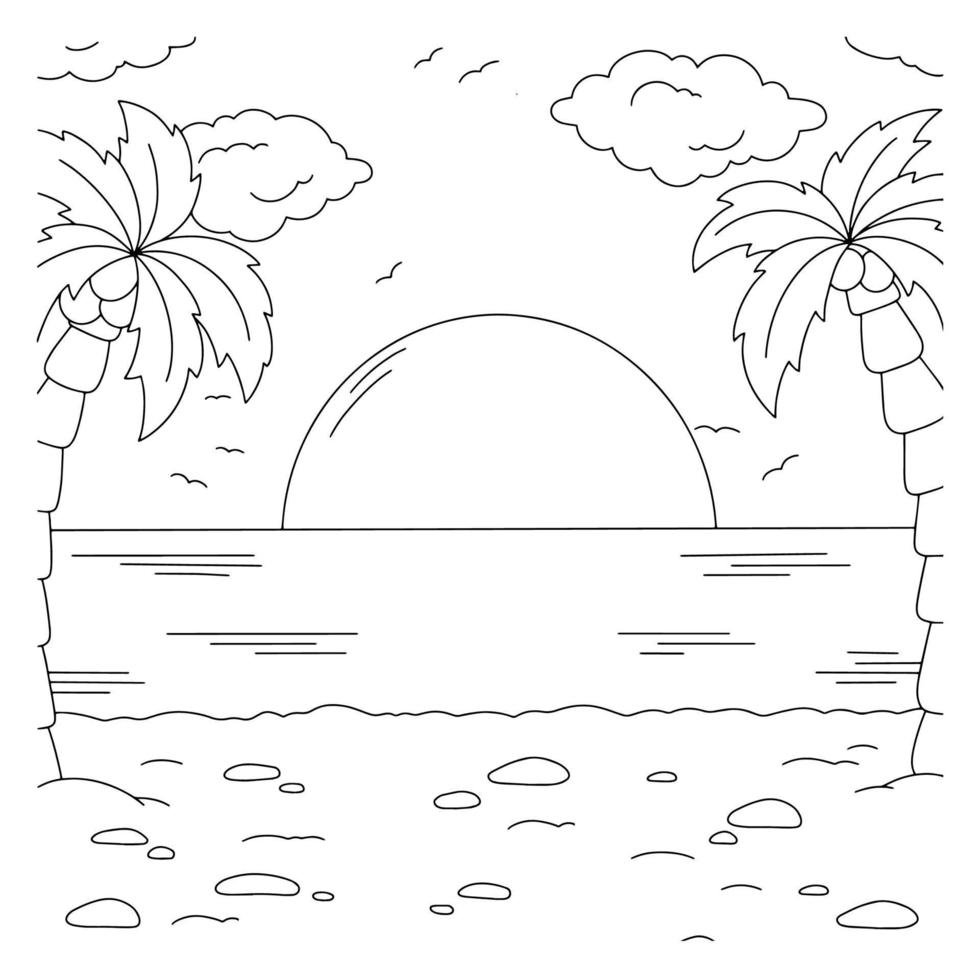 meraviglioso paesaggio naturale con spiaggia. pagina del libro da colorare per bambini. stile cartone animato. illustrazione vettoriale isolato su sfondo bianco.