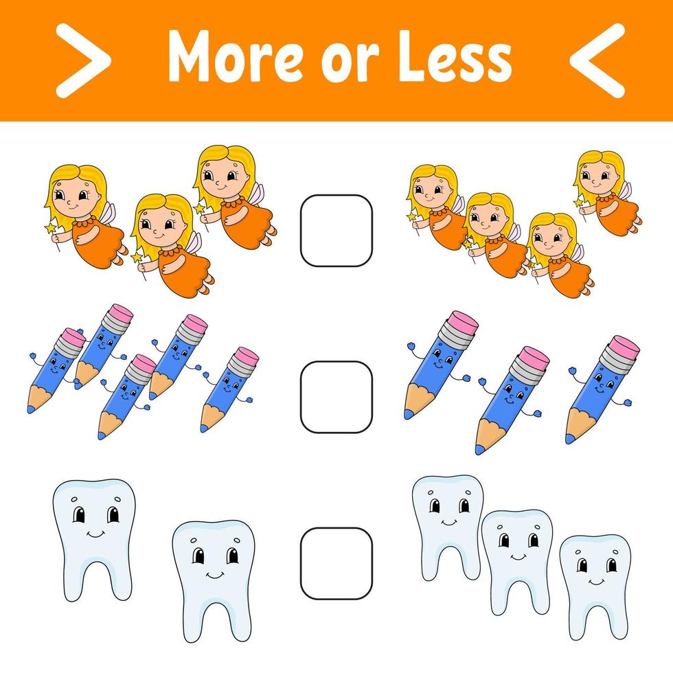più o meno. foglio di lavoro per attività educative per bambini e ragazzi. tema dell'igiene. illustrazione vettoriale a colori isolata in stile cartone animato carino.