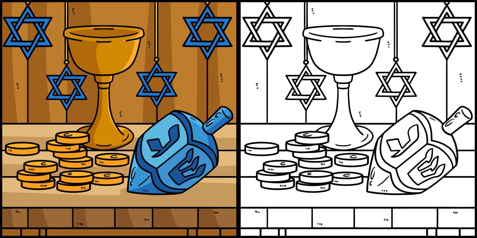hanukkah dreidel, monete e calice illustrazione vettore