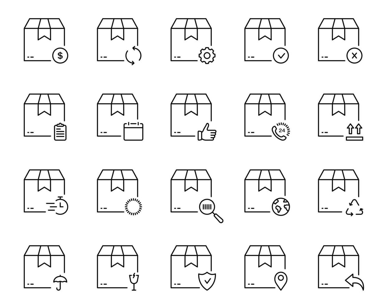 spedizione confezione cartone pacco scatola per consegna servizio linea icona impostare. scatola di cartone scatola per spedizione schema icona. mezzi di trasporto carico imballare pittogramma. modificabile ictus. isolato vettore illustrazione.