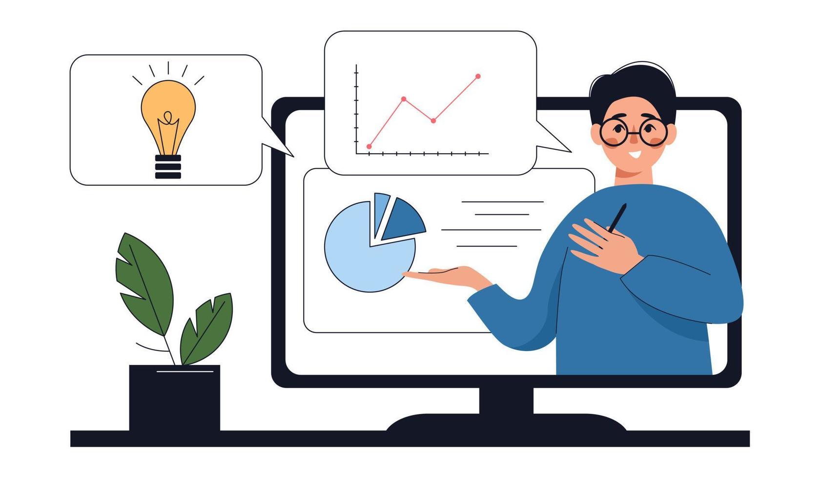 in linea studiando con tutore, uomo insegnante. in linea corsi, formazione scolastica attività commerciale e se stesso sviluppo concetto. vettore illustrazione.