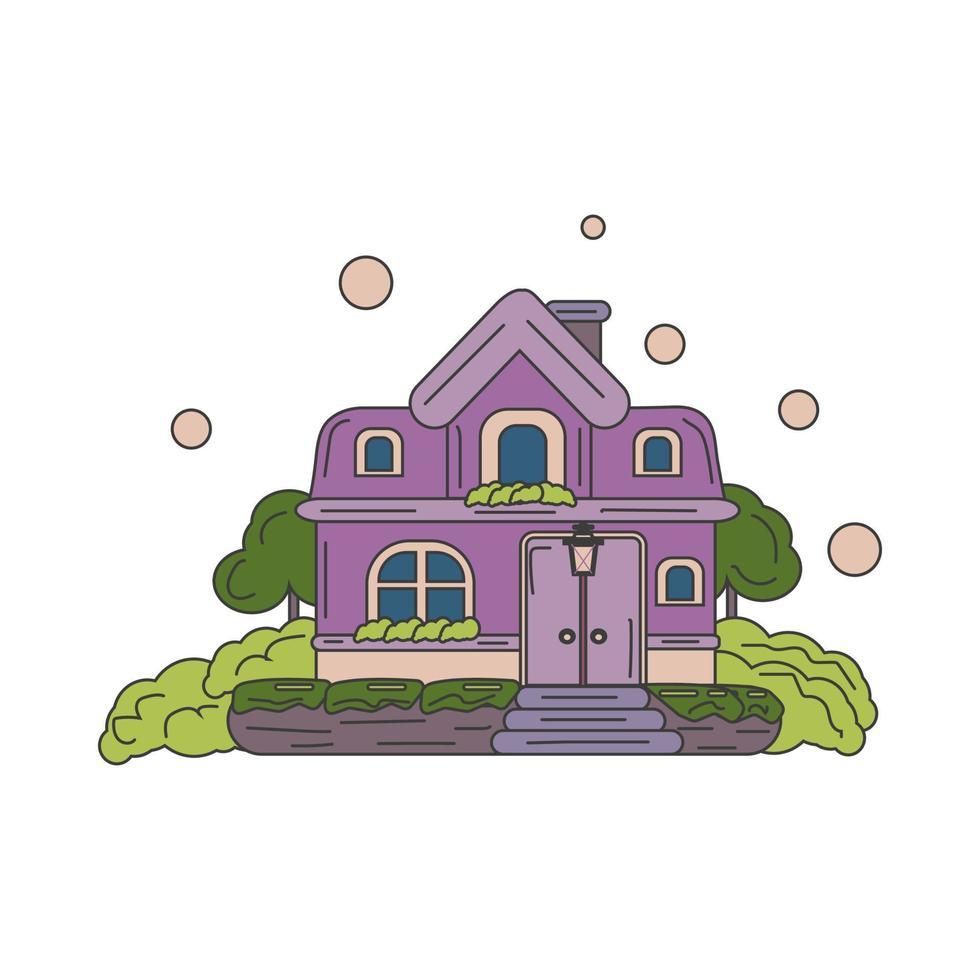 un' favoloso viola Casa con cespugli e alberi vettore