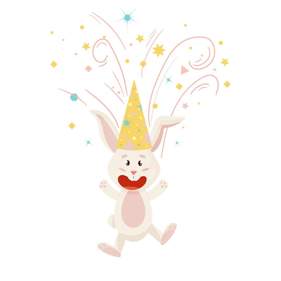 coniglietto carattere. salto e ridendo divertente, contento compleanno cartone animato coniglio con fuochi d'artificio, vettore