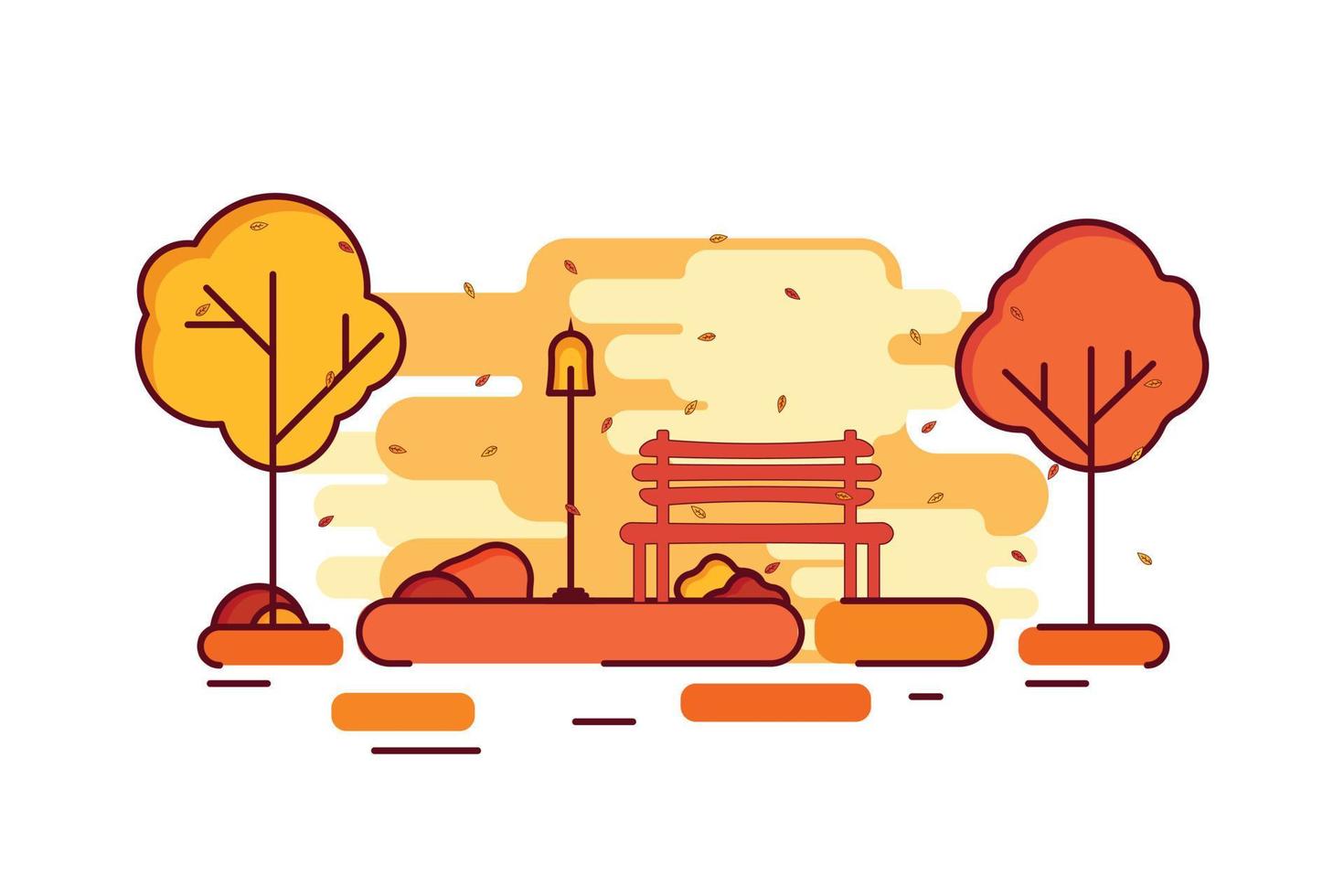 autunno alberi nel un' parco con un' panchina e lampada inviare autunno scena sfondo vettore