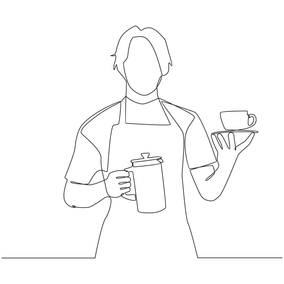 barista con tazza di caffè e bollitore nel mano continuo linea disegno vettore
