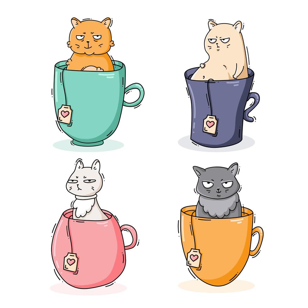 collezione di gatti su tazze da tè vettore