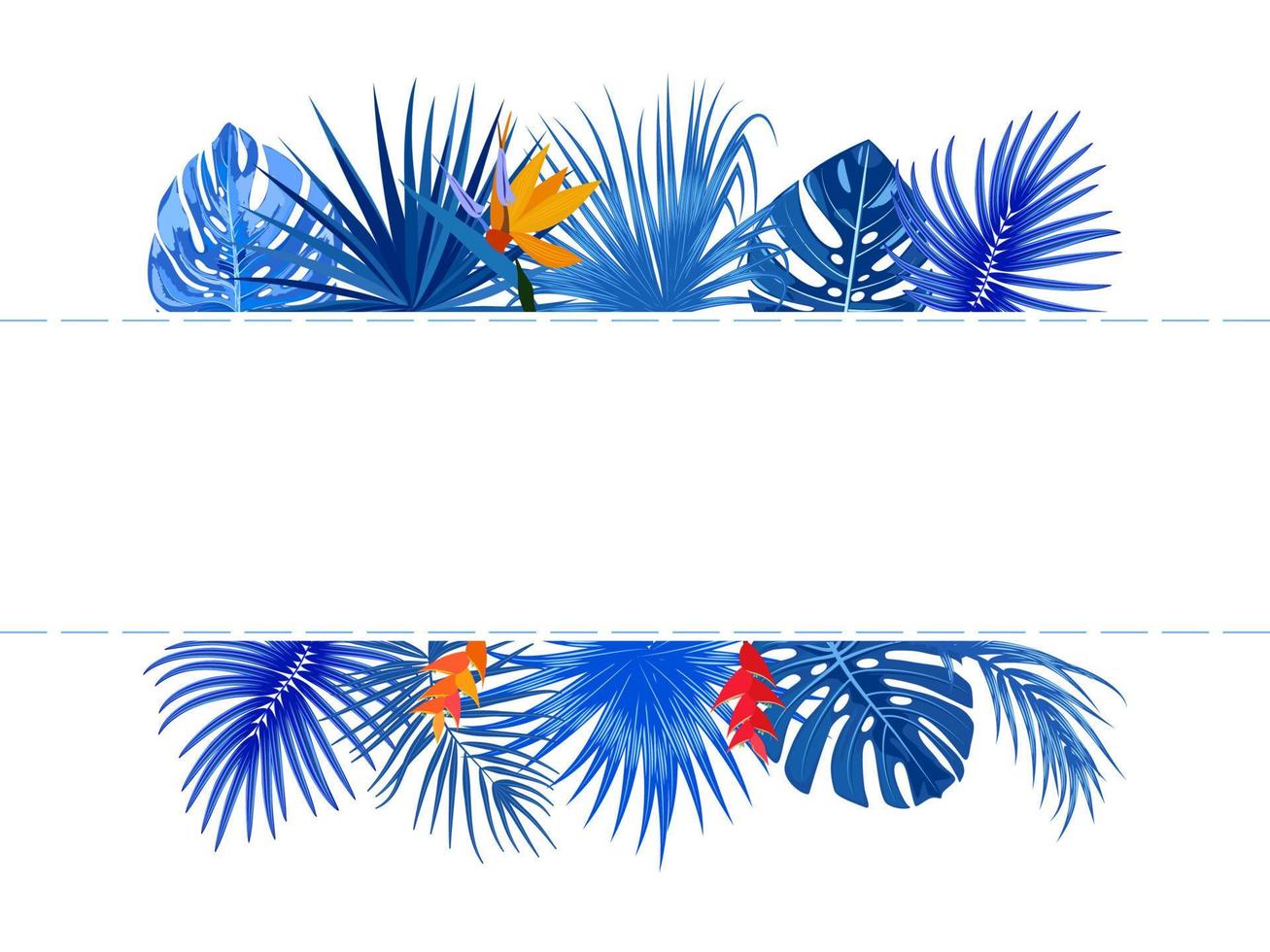 vettore tropicale giungla telaio con blu palma alberi, fiori e le foglie su bianca sfondo