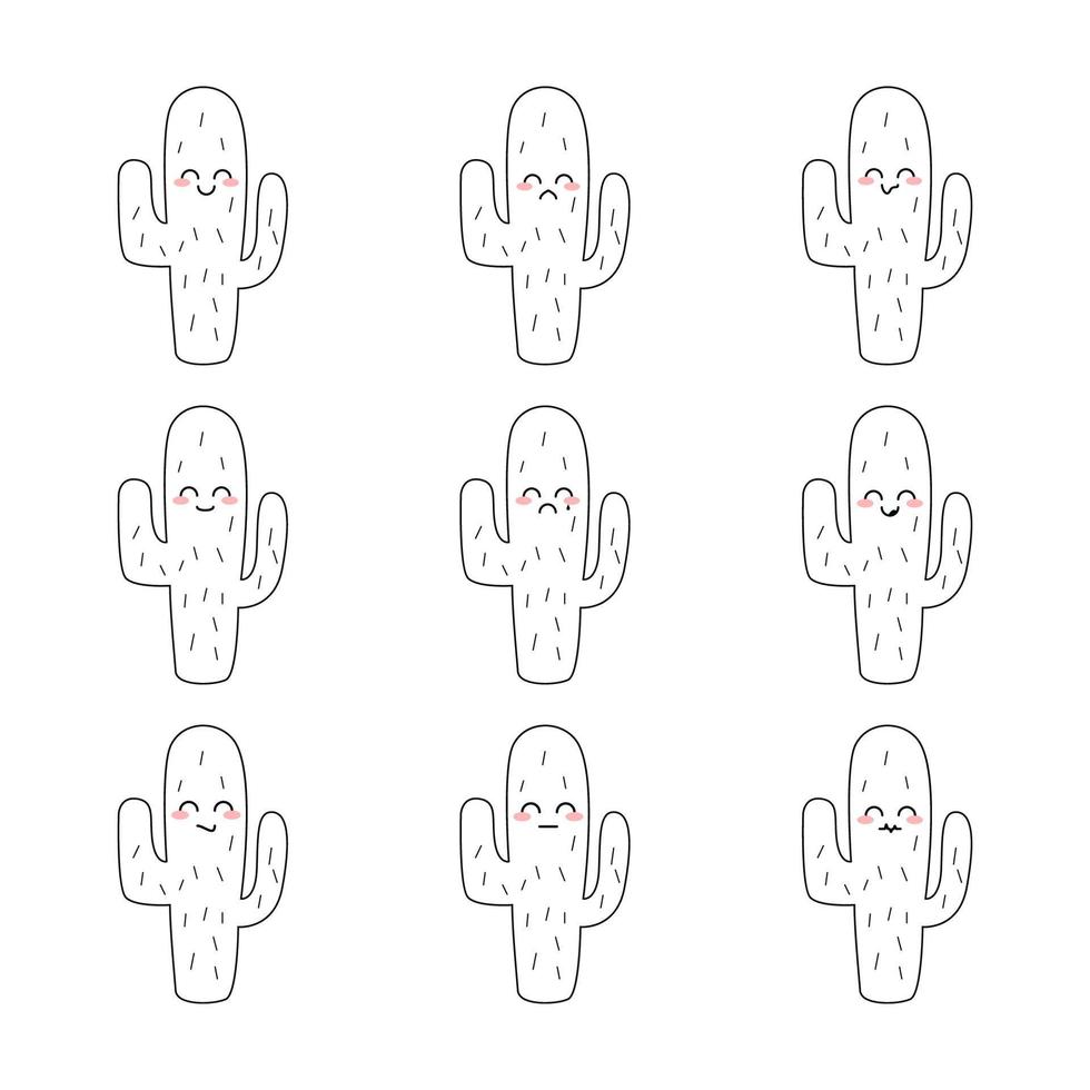 impostato di cactus con diverso emoji. divertente e triste emoticon cactus. eps10 vettore