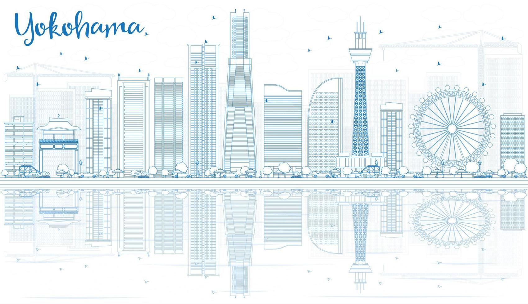 schema Yokohama orizzonte con blu edifici e riflessi. vettore