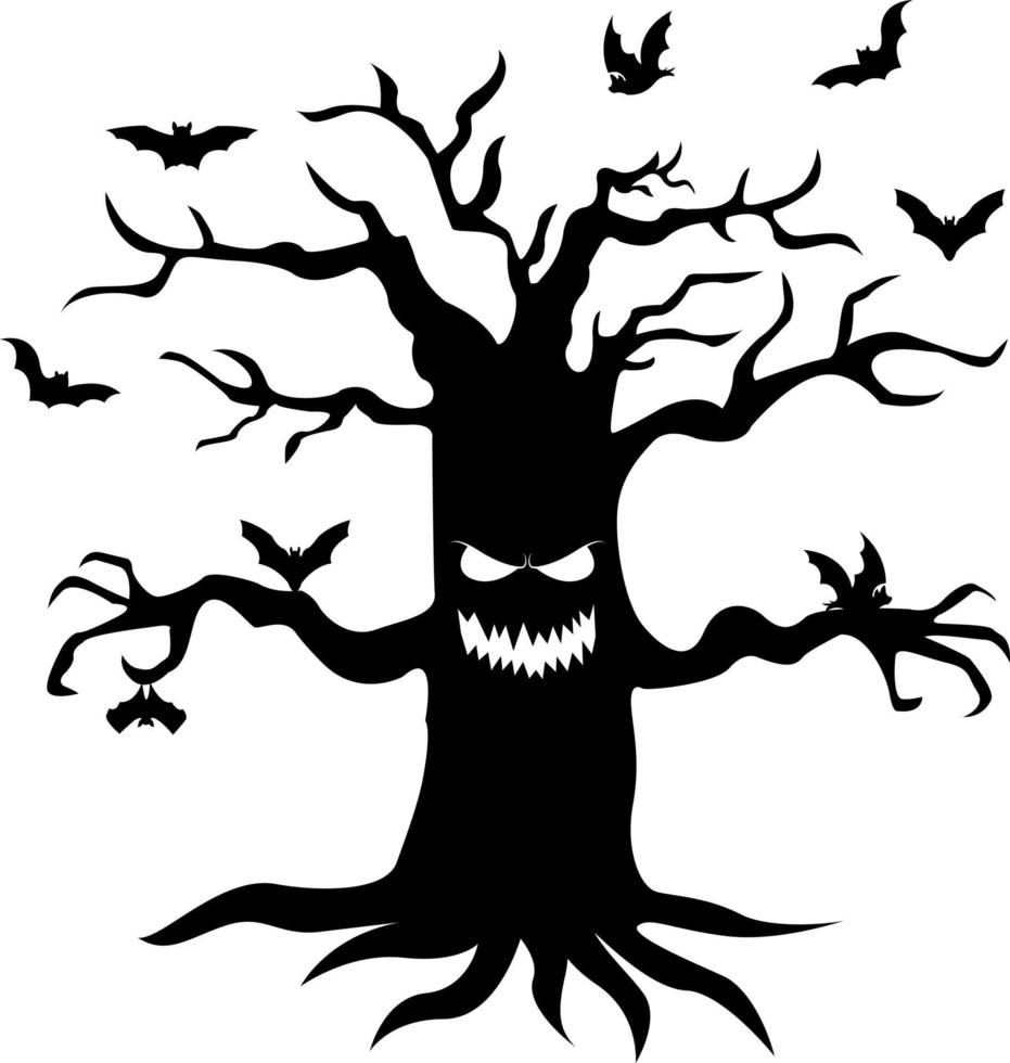 grande albero con occhi, bocca, braccia e radici. Halloween. vettore