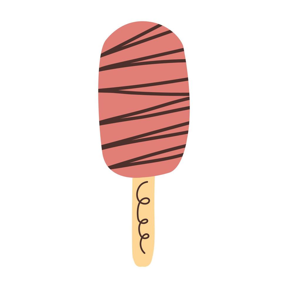 rosso ghiaccio crema ghiacciolo su un' bastone con cioccolato guarnizione nel un' disegnato a mano piatto stile. carino vettore illustrazione isolato su un' bianca sfondo