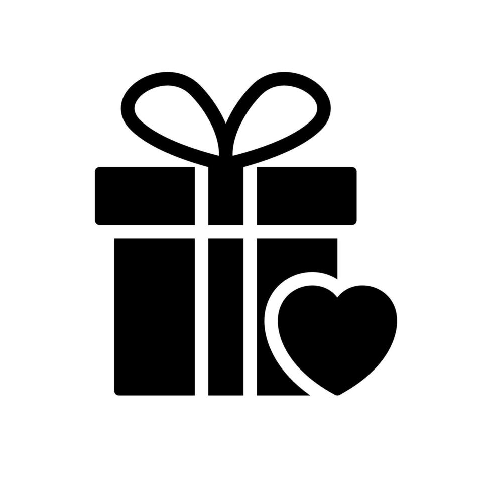 regalo scatola con nastro arco e cuore silhouette icona. pacco regalo nel donazione e beneficenza concetto nero pittogramma. sorpresa scatola per vacanza icona. isolato vettore illustrazione.