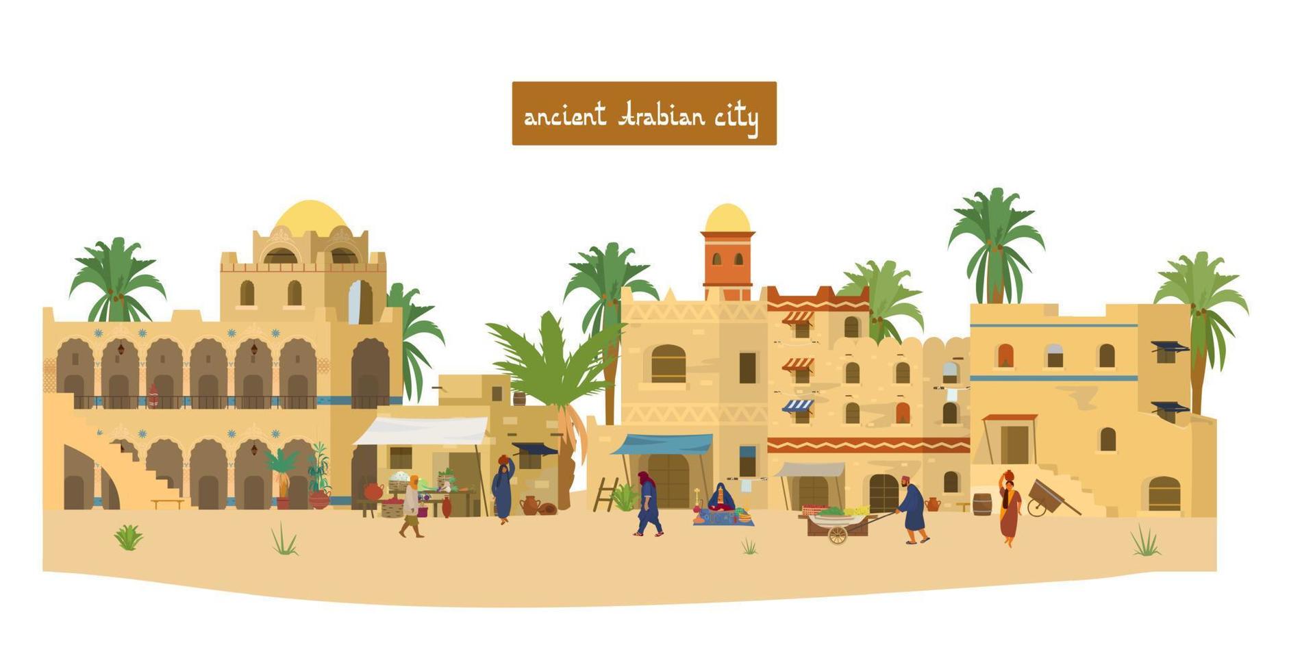 vettore illustrazione di antico arabo città con le persone, fango mattone case, mercato, palme. piatto vettore illustrazione. isolato su bianca.