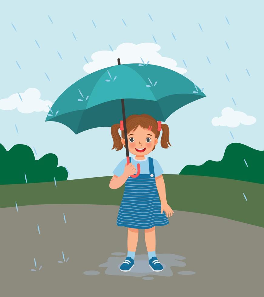 carino poco ragazza Tenere ombrello nel il pioggia su piovoso giorno a il parco vettore