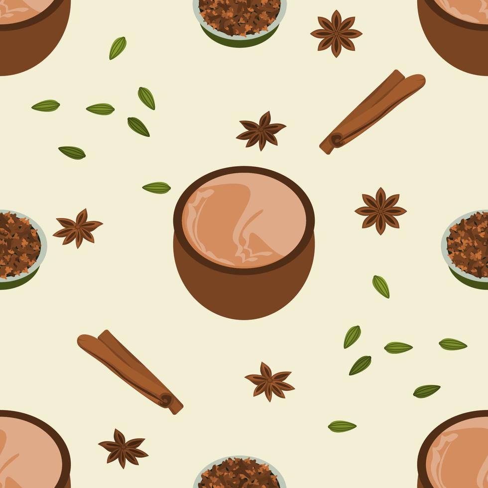 modificabile vettore illustrazione senza soluzione di continuità modello di indiano masala chai nel ceramica tazza con assortito erba spezie per la creazione di sfondo di bevande con Sud asiatico cultura e tradizione