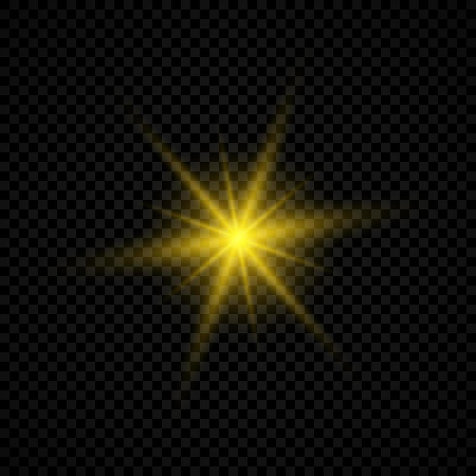 leggero effetto di lente razzi. giallo raggiante luci starburst effetti con brilla. vettore illustrazione