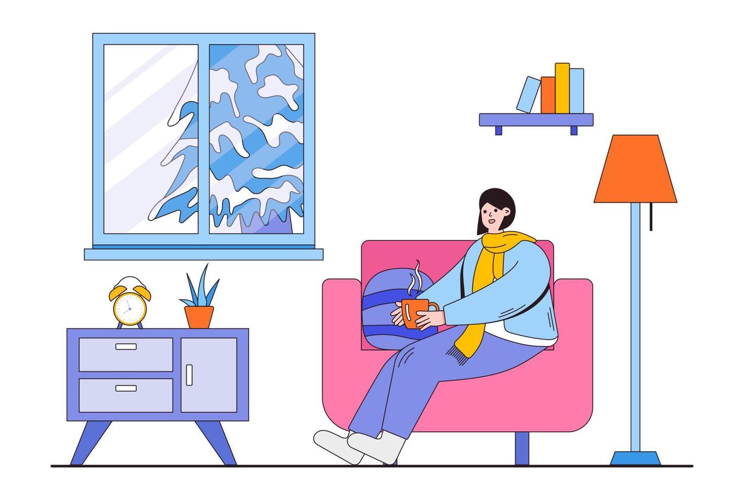 congelamento femmina seduta nel poltrona con caldo bere. di stagione inverno attività. cartone animato personaggi con schema. vettore illustrazioni per atterraggio pagina modello, ui, ragnatela, sito web, manifesto