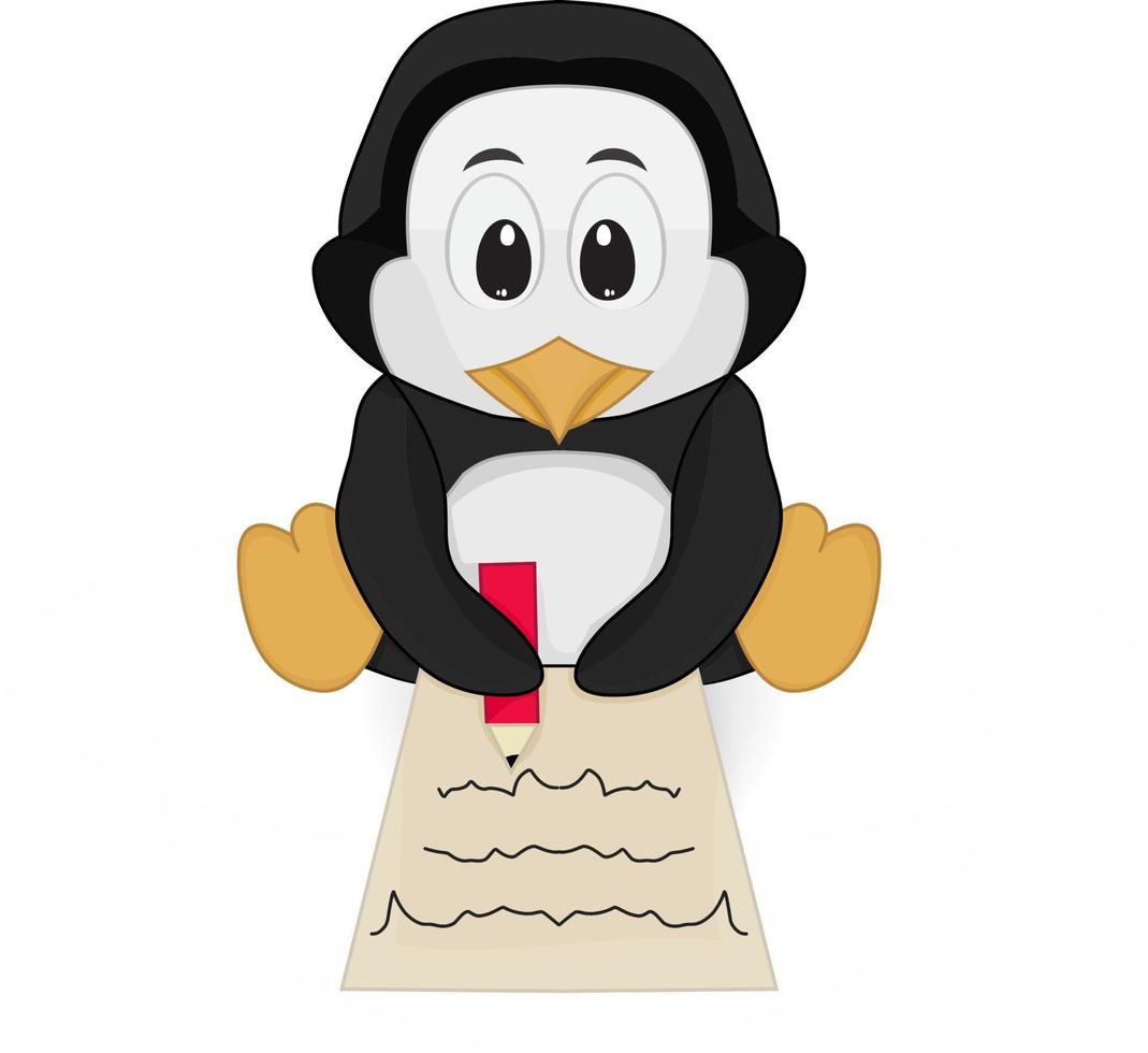 cartone animato pinguino scrittura sedersi su il pavimento vettore