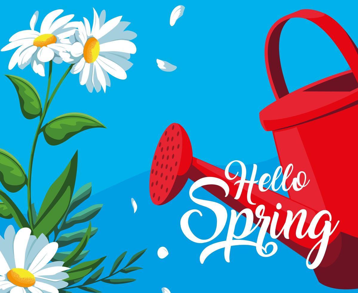 ciao carta di primavera con fiori e vaso di plastica spruzzatore vettore
