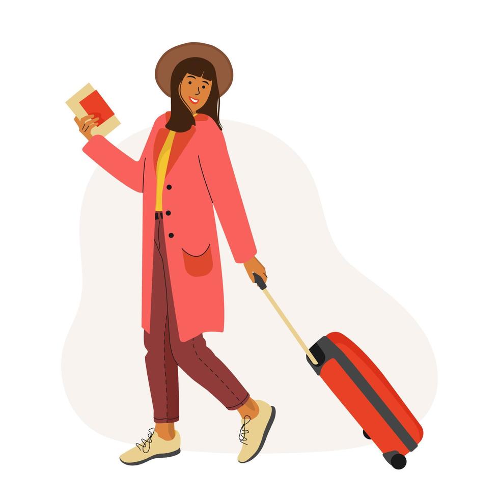 giovane donna nel cappotto e cappello con un' valigia va su vacanza. ragazza con un' valigia e un' passaporto con imbarco passaggio Biglietti. viaggio concetto. piatto vettore illustrazione.