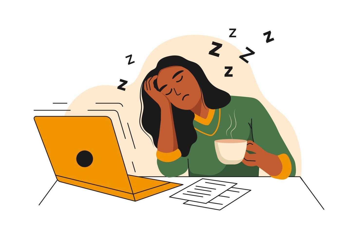 africano americano donna è stanco di Lavorando su un' il computer portatile. il ragazza vuole per dormire. lei detiene un' tazza di caffè nel sua mani e cascate addormentato. vettore illustrazione su il tema di occhio Salute e fatica.