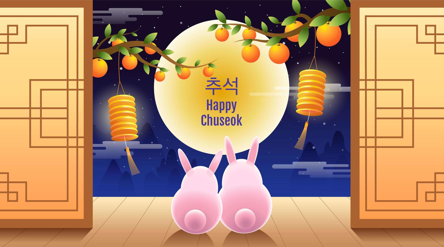 felice design chuseok con conigli rosa che guardano la luna vettore
