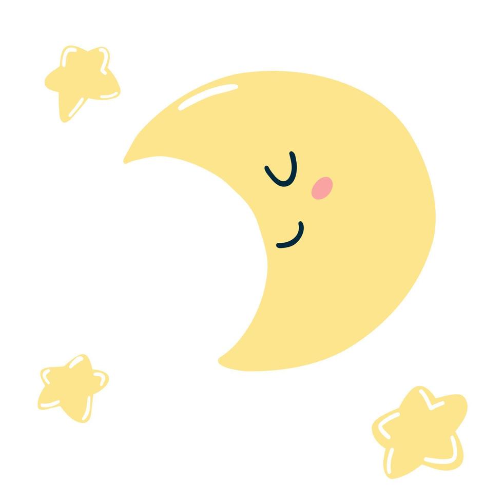 carino mano disegnato kawaii Luna e stelle nel cartone animato piatto stile. vettore illustrazione di bambini icone con contento viso per manifesto, tessuto Stampa, carta, bambini abbigliamento