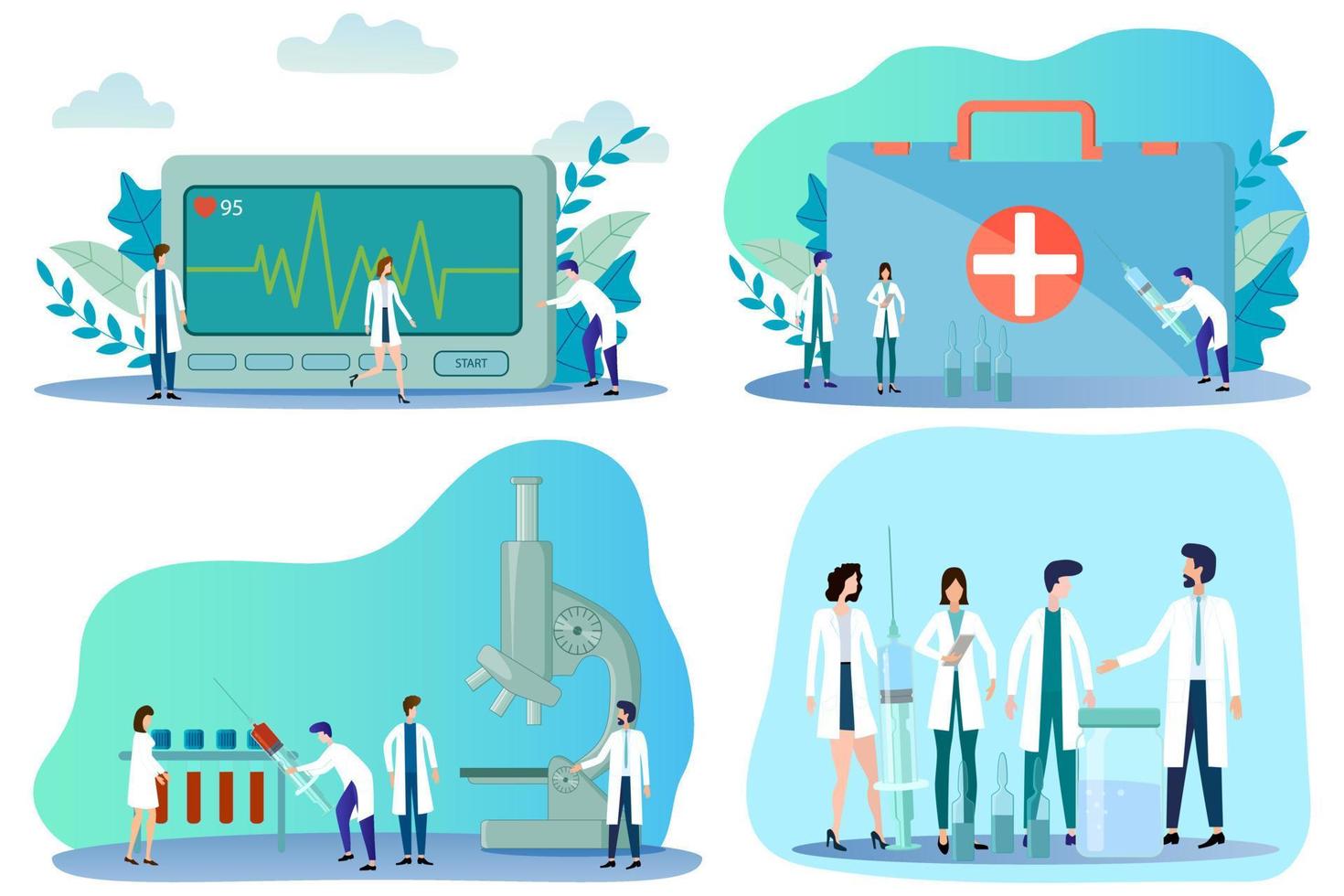 cardiologia.vaccinazione.la creazione di un' vaccino.a impostato di illustrazioni per il design.flat vettore illustrazione.