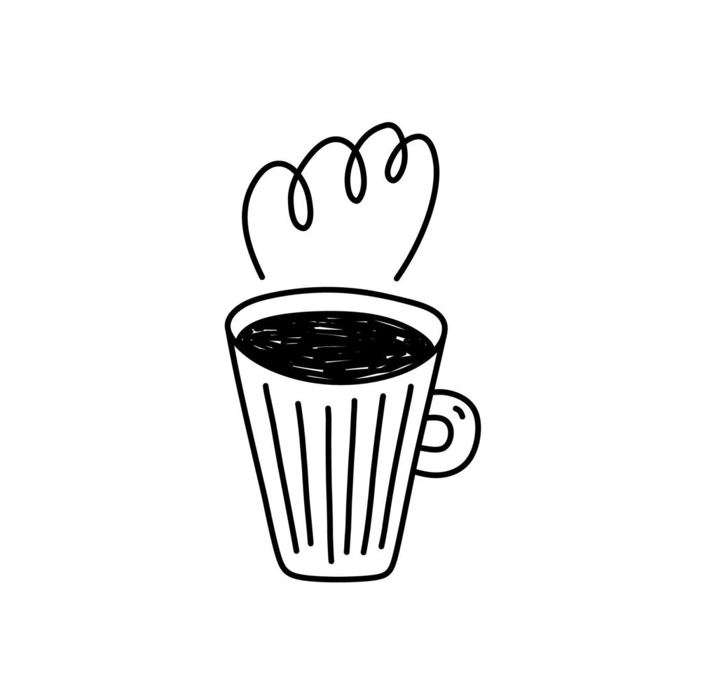 carino tazza di tè o caffè con vapore isolato su bianca sfondo. vettore disegnato a mano illustrazione nel scarabocchio stile. Perfetto per carte, menù, logo, decorazioni.