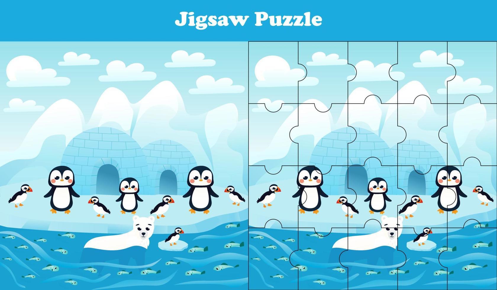sega puzzle gioco con nord polo natura - pinguini, polare orso e pulcinelle di mare, stampabile foglio di lavoro per bambini vettore