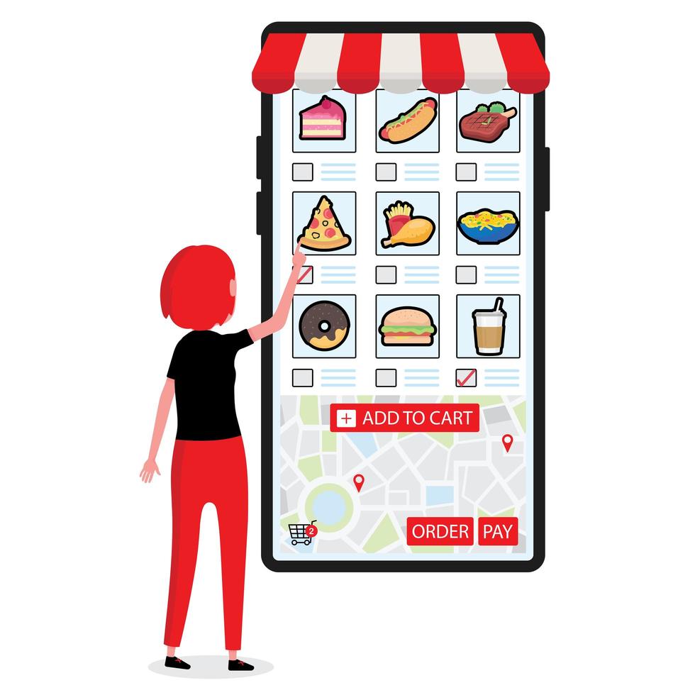 persona che ordina cibo online dal grande touch screen vettore