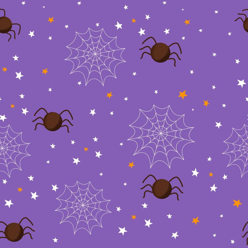 Halloween carino ragno su ragnatela senza soluzione di continuità modello, vacanza bambini design nel cartone animato stile. silhouette decorato con stelle, semplice. vettore illustrazione