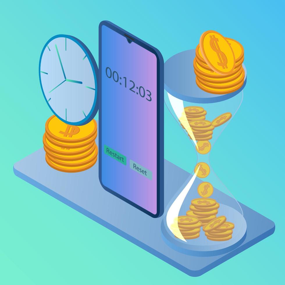 time-management.isometrico Visualizza di il smartphone, il sabbia per ore e ore con denaro.concetto di tempo controllo e orologio riconciliazione .vettore illustrazione. vettore