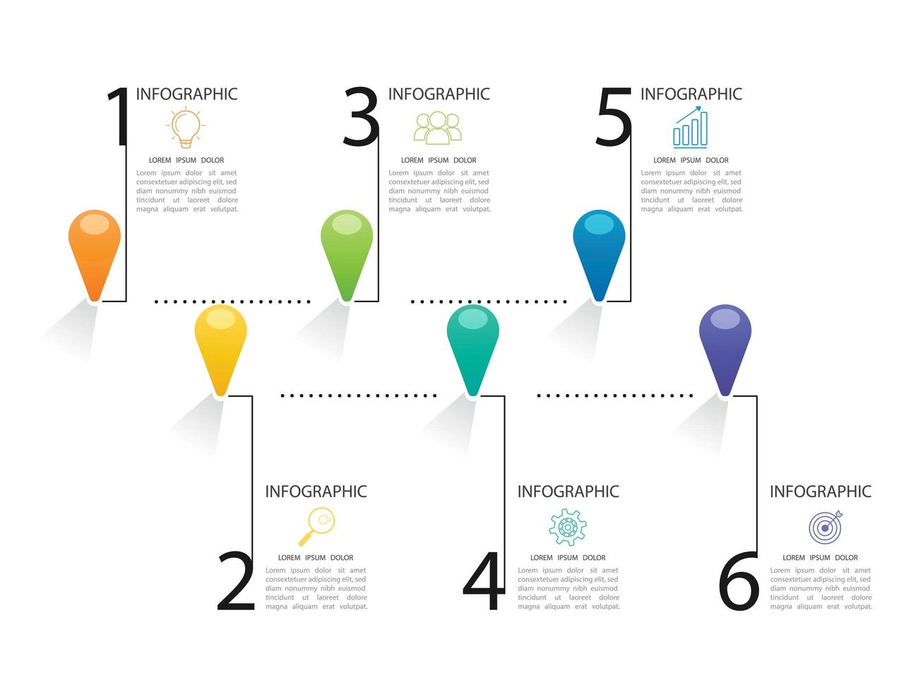 Infografica in 6 fasi con forme di goccioline colorate vettore