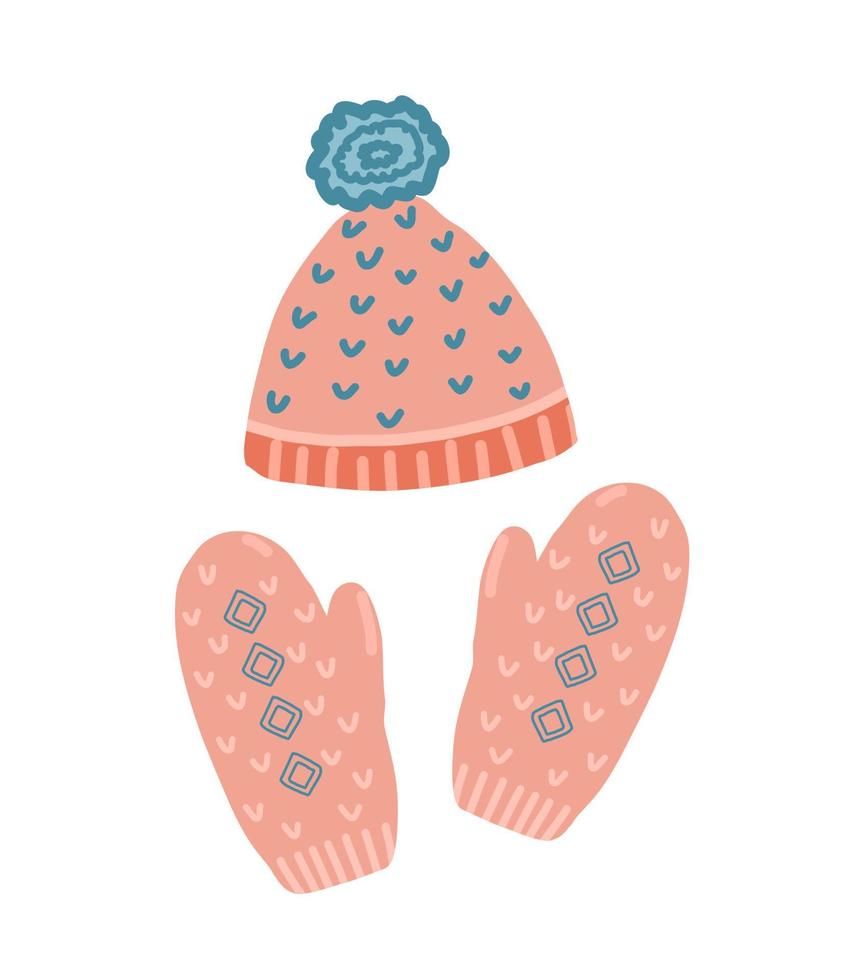 a maglia cappello e guanti. rosa inverno cappello impostato con guanti. carino mano disegnato vettore illustrazione