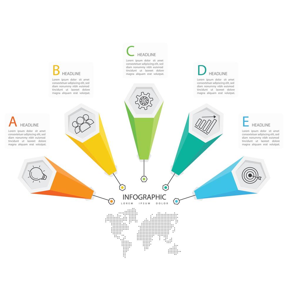 Infografica in 5 fasi con forme esagonali 3d colorate vettore