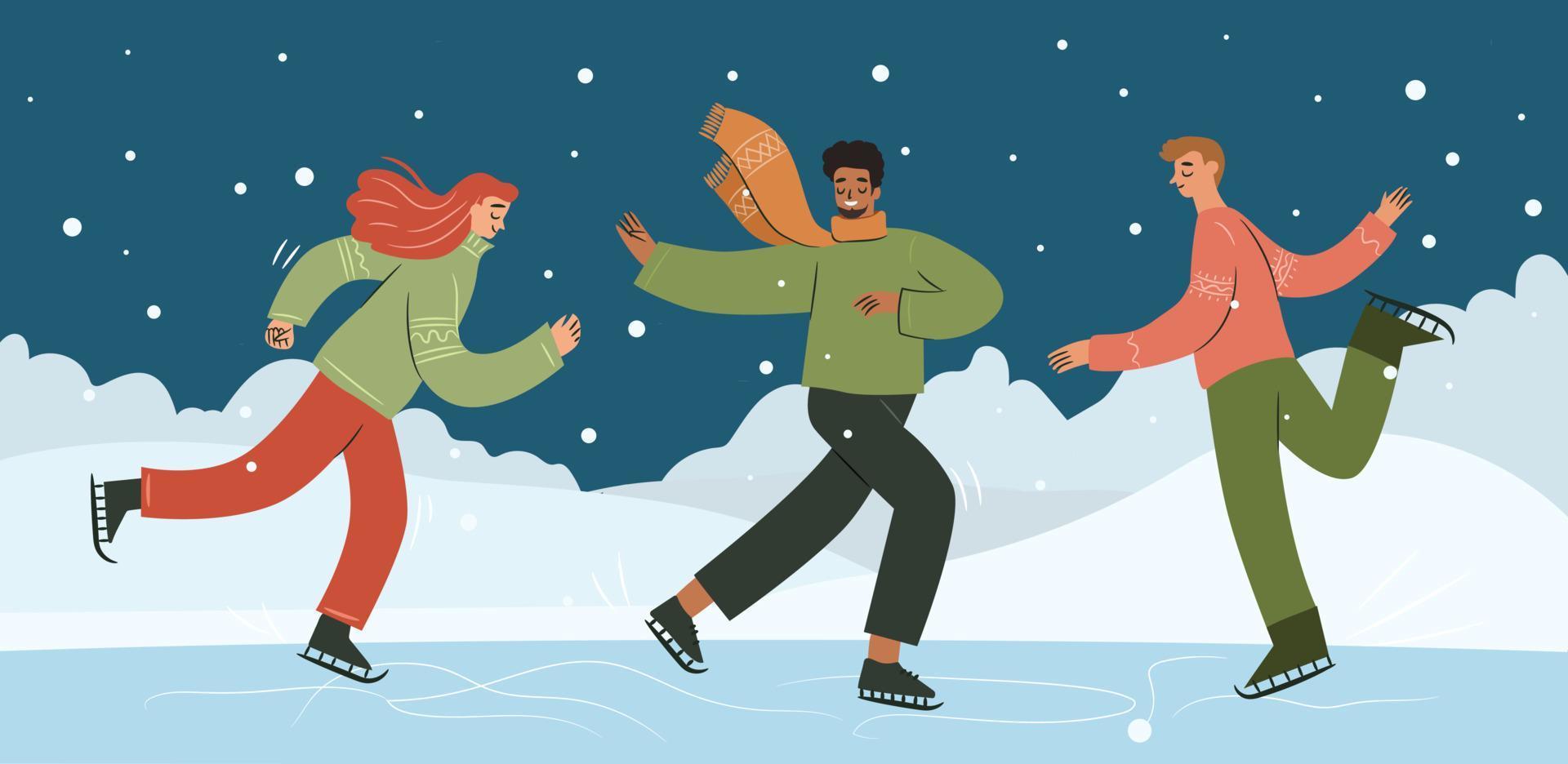 contento giovane persone pattinando all'aperto mentre esso è nevicando. uomini e donna indossare brutto Natale maglioni vettore