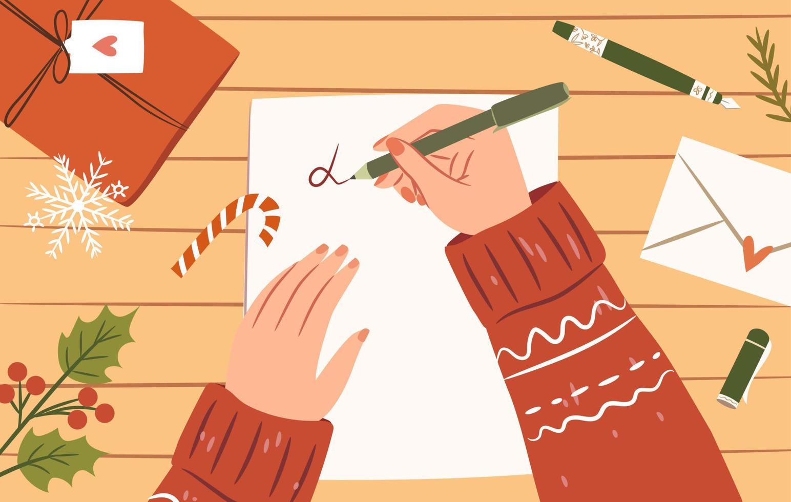 donna mani con penna scrittura lettera per babbo natale. superiore Visualizza. accogliente Natale illustrazione. piatto vettore design.