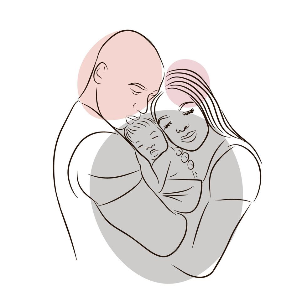 mamma e papà abbracciare un' neonato, amore, caldo sentimenti, linea vettore