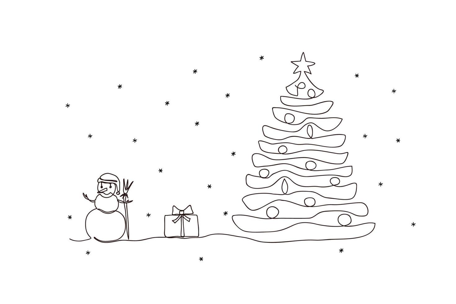 continuo linea vettore illustrazione disegno di pupazzo di neve e Natale albero. concetto di Natale. vacanza, nuovo anno