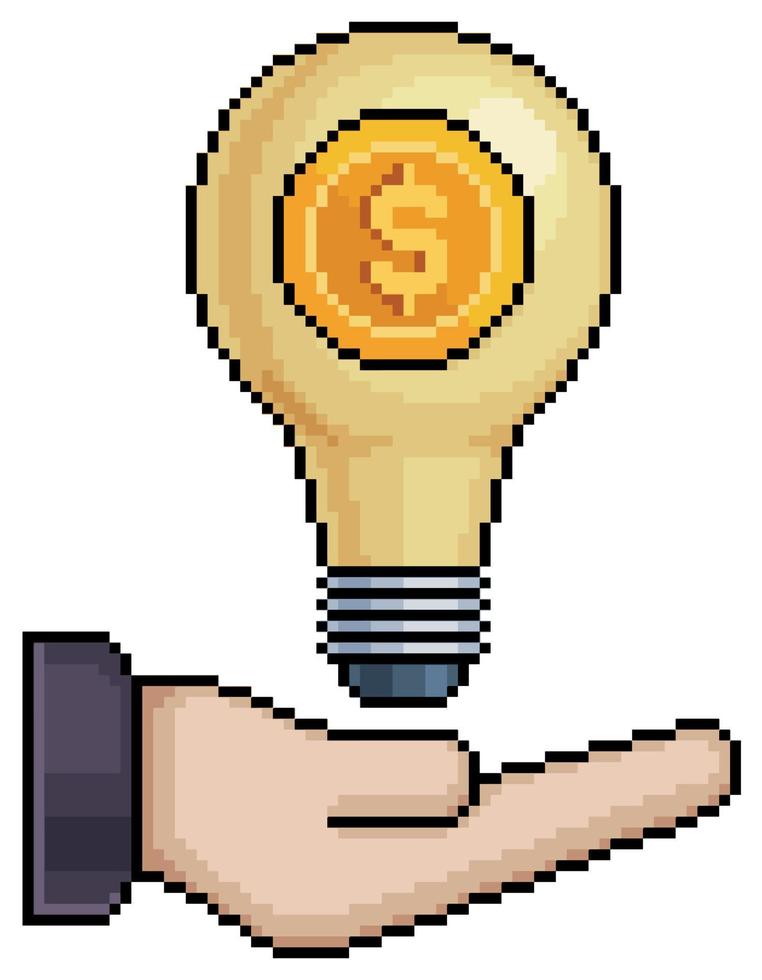 pixel arte mano Tenere moneta e i soldi lampada, investimento idea vettore icona per 8 bit gioco su bianca sfondo