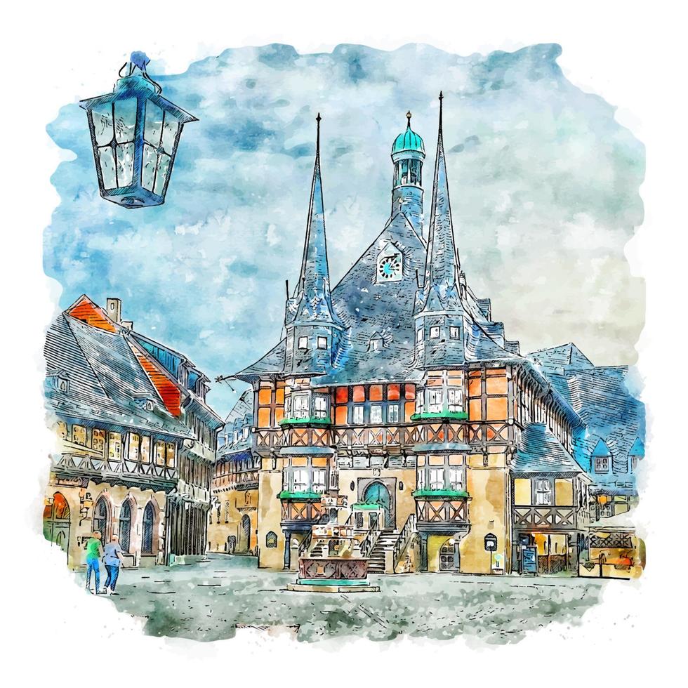 illustrazione disegnata a mano di schizzo dell'acquerello di wernigerode germania vettore