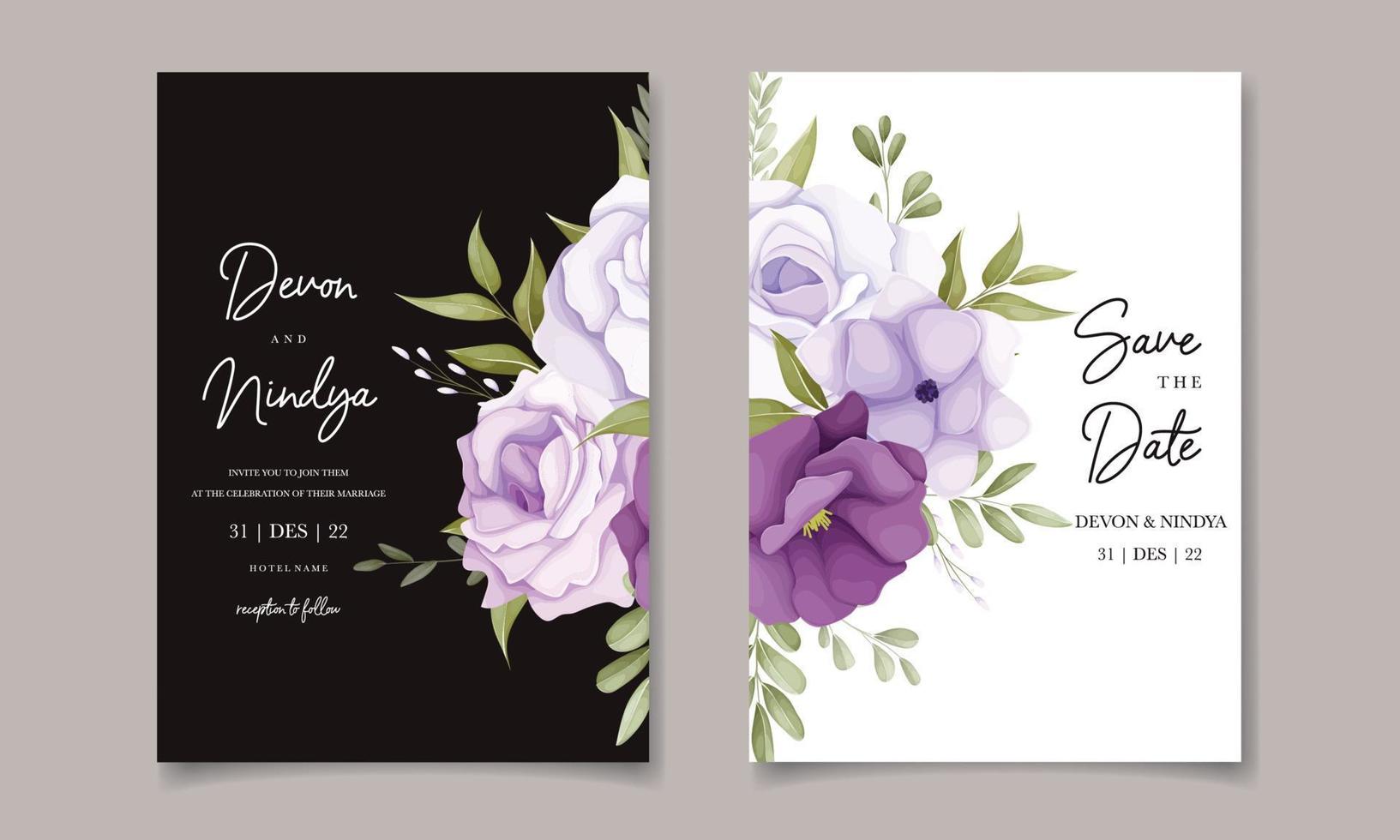 bellissimo viola fiore nozze invito carta design vettore